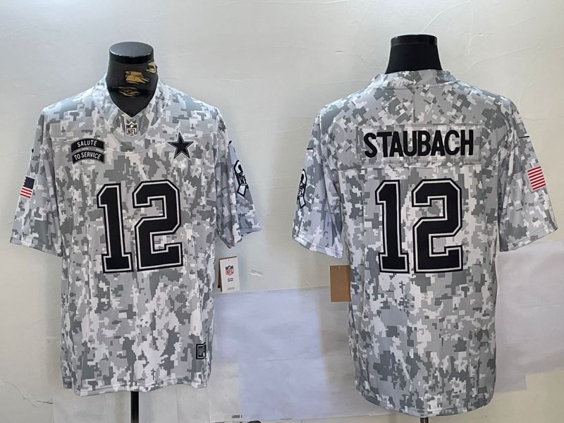 Men Dallas Cowboys 12 Staubach Nike Arctic Camo 2024 Salute to Service Limited NFL Jersey style 1